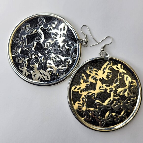 Black and Silver Glitter Butterfly Earrings Round Butterfly Earrings - Picture 2 of 3